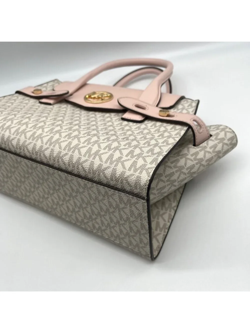 Michael Kors Carmen Vanilla/Powder Blush Signature Canvas Medium Belted Satchel